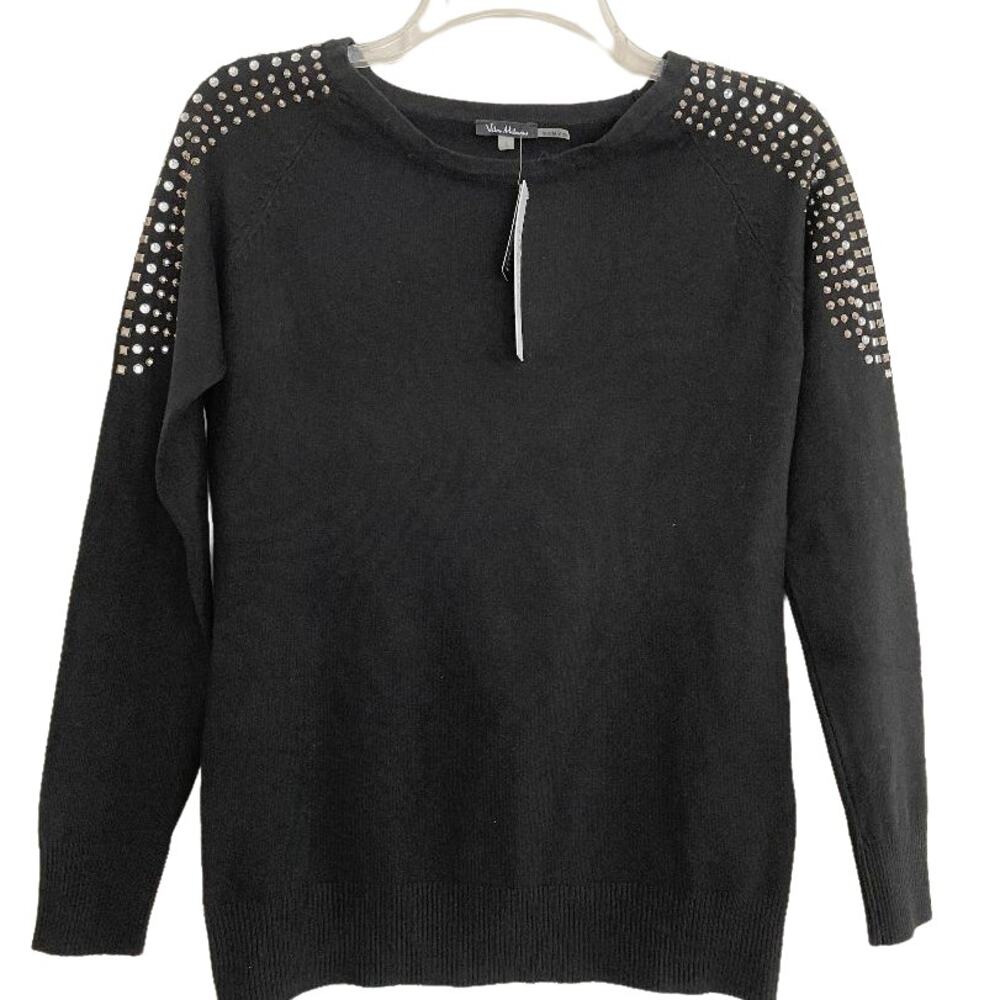 Vita Milano Women Black Rhinestones‎ Shoulder Long Sleeve Sweater Top Size L